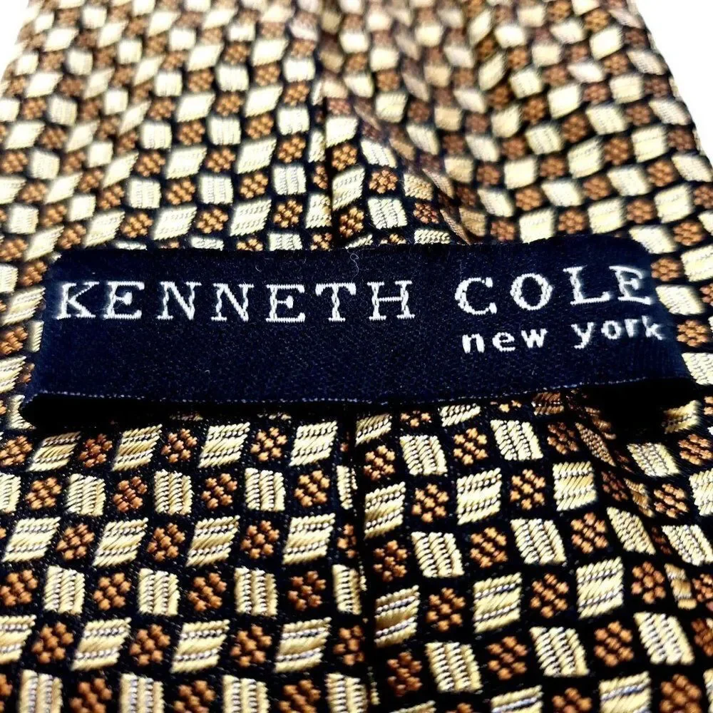 Kenneth Cole Silk Tie‎ Yellow Woven Geometric Handmade